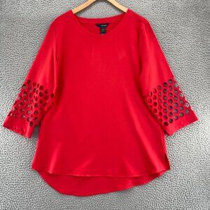 Ali Miles Top Womens Medium Red Hexagon Cutout 3/4 Sleeves Tunic Pullover Blouse